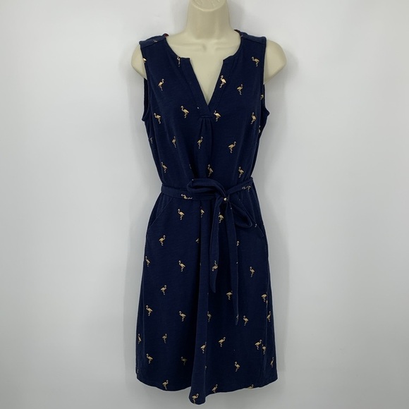 Boden Vanessa jersey knit shift dress navy blue gold metallic flamingos belt 6 - Picture 1 of 5